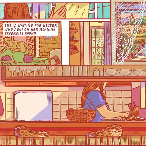 A drawn comic page, cropped. There are five panels visible. From top tot bottom: a woman grabbing a towel to dry her wet hair, a dog on a couch in a living room, bookshelves and a screen door, a kitchen window looking out on a pool, a garden and mountains and a kitchen where a woman is making breakfast.