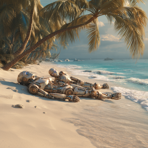 Midjourney Prompt: Two sleeping robots resting peacefully on a pristine Caribbean beach, warm golden sunshine, turquoise waters, palm trees swaying, white sand, gentle waves, afternoon light casting long shadows, detailed mechanical parts, partially buried in sand, cinematic lighting, hyperrealistic, 8K, professional photography, award-winning, dramatic atmosphere, high contrast, vivid colors, depth of field, golden hour --v 7