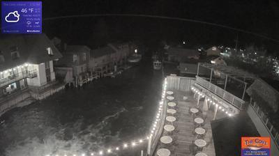 View of the outdoor dining area for The Cove Restaurant and the larger Fishtown complex overlooking a channel leading to Lake Michigan. // Image captured at: 2025-05-22 06:37:51 UTC (about 28 min. prior to this post) // Current Temp in Leland: 50.34 F | 10.19 C // Precip: overcast clouds // Wind: NW at 5.995 mph | 9.64 kph // Humidity: 74%