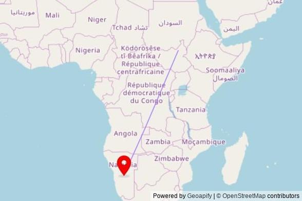 A map showing the great circle route from Malakal in South Sudan to a map pin at Rhenish Mission Church Uitdraai Gemeente, Marula Street, Rehoboth, Namibia