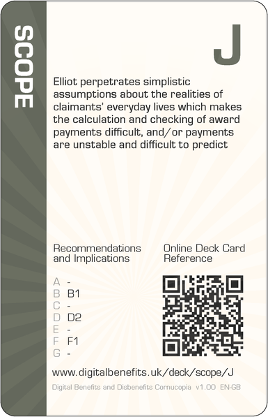 Image of the DBD Cornucopia Jack of Scope card with text 'Elliot perpetrates simplistic assumptions about the realities of claimants' everyday lives which makes the calculation and checking of award payments difficult, and/or payments are unstable and difficult to predict'