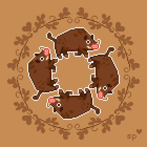 pixelart boars in a circle with leaf ornaments around them