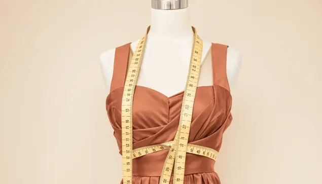 Elegant dress on mannequin with measuring tape, symbolizing personalized fashion, against a soft neutral background.