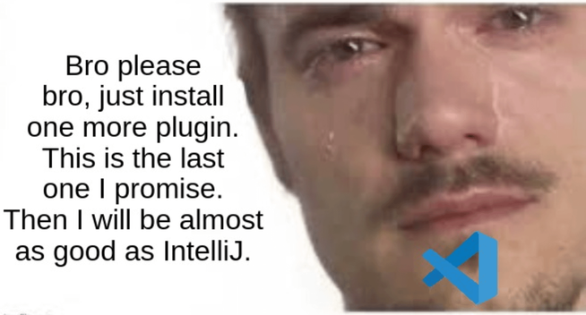 The image is a meme featuring a close-up of a man's face with a tear on his cheek. The text overlay on the image reads:

"Bro please bro, just install one more plugin. This is the last one I promise. Then I will be almost as good as IntelliJ."

In the bottom right corner of the image, there is a blue logo of Visual Studio Code, a popular source-code editor developed by Microsoft. The meme humorously suggests the frustration of continuously installing plugins to enhance the functionality of Visual Studio Code, comparing it to IntelliJ IDEA, another integrated development environment known for its extensive features.