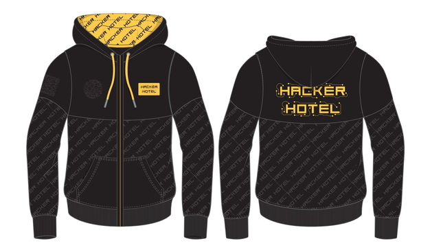 Black and yellow hoodie with the text Hacker Hotel, front and back