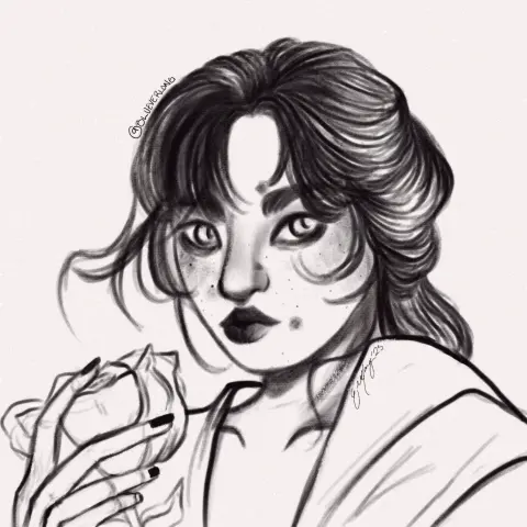 A drawing I did, studying a photo I found in pinterest like a while ago.. I have the photo in my ipad, i should have sent it to myself to put it on here (:
The portrait is of a woman holding a rose, her make up is a bit heavy on the undereye. I kinda freestyled the hair since the photo that I at least had was cropped, and you couldn't really see how the side or back was styled, so I did a sort of half up do. it is a real simple photo that plays more with the pose and the makeup. the pose having the body facing away from the camera, with one of the shoulders tilted more up. The head is tilted down with the person looking up at you.