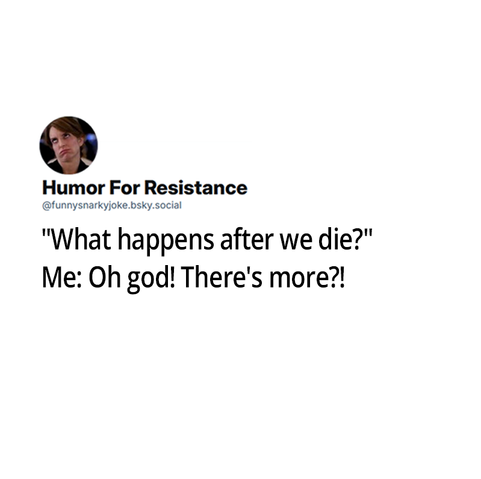 @funnysnarkyjoke.bsky.social "What happens after we die?" Me: Oh god! There's more?!'