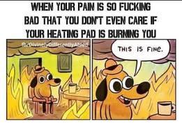 WHEN YOUR PAIN IS SO FUCKING BAD THAT YOU DON'T EVEN CARE IF YOUR HEATING PAD IS BURNING YOU

[the dog in a fire drinking coffee meme ' this is fine']