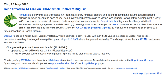 Screenshot of blog post at https://dirk.eddelbuettel.com/blog/2025/05/22#rcpparmadillo_14.4.3-1 describing release 14.4.3-1 of CRAN package RcppArmadillo