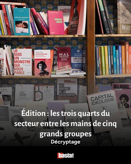 Photo des étals d'une librairie. Par dessus, le titre de l'article : " Edition : les trois quarts du secteurs entre les mains de cinq grands groupes. Décryptage"