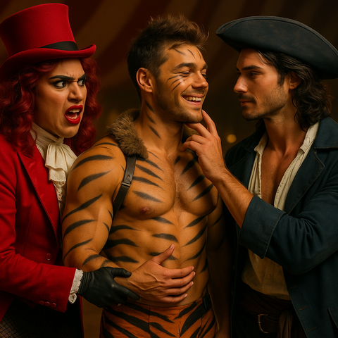 AI-generated image of a pirate touching a tiger-striped acrobat under a circus tent, while a drag queen ringmaster grabs the acrobat's arm and scowls