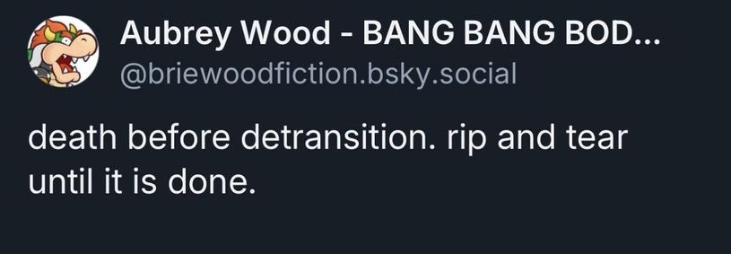 Aubrey Wood - BANG BANG BOD...
@briewoodfiction.bsky.social
death before detransition. rip and tear
until it is done.