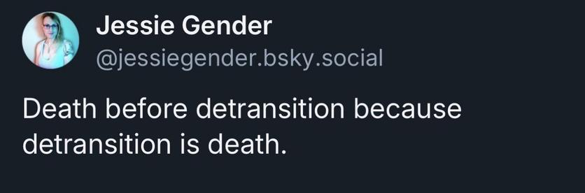 Jessie Gender
@jessiegender.bsky.social
Death before detransition because detransition is death.
