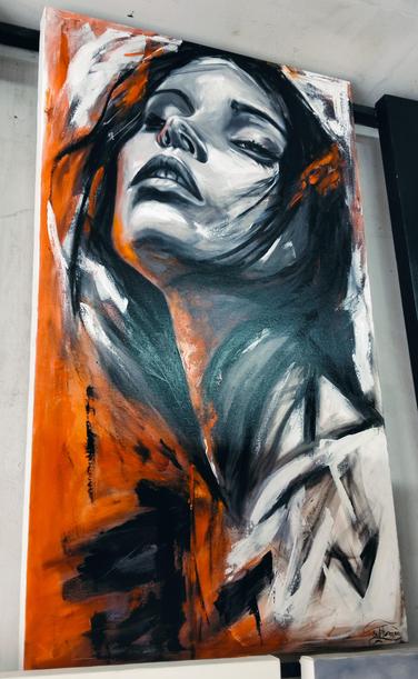 a painting of a woman in a robe against a white background, slashes of black and red paint, her face looking upwards
