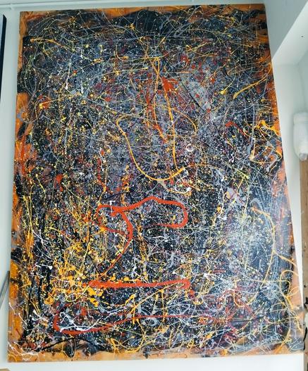 a large abstract painting, it is tones of yellow and red and orange splattered against a black background 