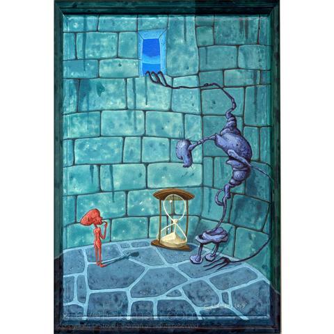 My acrylic painting titled “Captive & Tormentor Confronting the End of an Epoch” reveals two individuals eyeing each other in a sparse foreboding space with stone floor and block walls as the last grains of an hourglass in the corner are let fall.