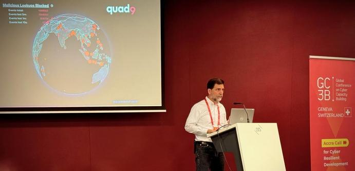 Quad9 CTO, John Todd, presenting the Globe of Wonder at GC3B in Geneva last week.