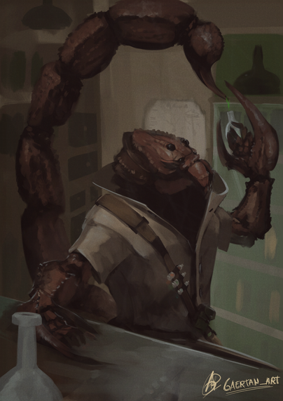 Digital illustration showcasing an anthropomorphic scorpion, wearing a labcoat, and a bandolier with some vials and a pouch,sitting behind an apothecary(old pharmacy)'s counter. They are dropping some poison from their tail into a vial for refining into some kind of healing tincture later.