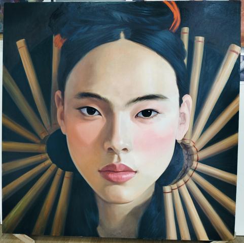 a painting, a young asian woman seen from the neck up, her hair tied up, she is looking at the viewer, there are tan columns behind her in fan-like formations 