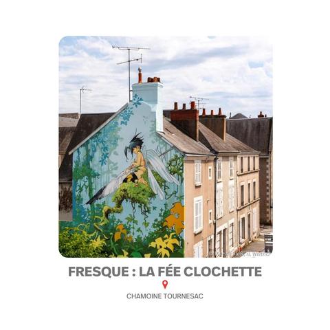 Fresque murale colorée représentant la Fée Clochette, réalisée dans le quartier Chamoine Tournesac suite à une idée citoyenne.