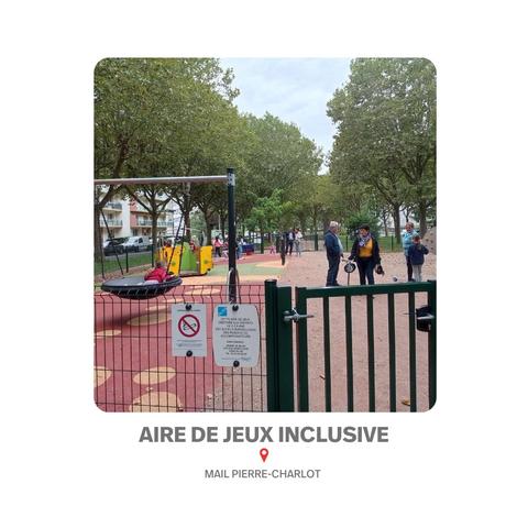 Aire de jeux accessible à tous les enfants, quel que soit leur handicap, installée au Mail Pierre-Charlot grâce à une proposition citoyenne.