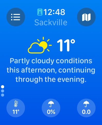 watchOS Carrot Weather app screenshot showing partly cloudy conditions and 11°C