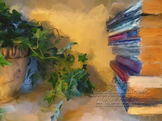 "Mostly Austen" ... my newest.  

https://lois-bryan.pixels.com/featured/mostly-austen-lois-bryan.html

This little stack of books which has pride of place in our bedroom, is mostly made up of my deeply worn and many-times re-read collection of Jane Austen Books and a couple of Brontes.  It is always available to me ... the voices in there belong to my dear friends ... friends I go to when I'm perplexed by the slings and arrows of outrageous real life fortune.  I know what Emma would say, or how Lizzy would react, and that gives me great comfort.  There are a couple of much loved Brontes in the stack as well, but I noticed that a very important Bronte is missing. I must have been reading "Shirley" at the time I took the reference photo.   I'm pretty sure I know what Shirley would have to say about things, too!  

Pictured are:  Jane Eyre, Mansfield Park, Northanger Abbey, Persuasion, Emma, Sense and Sensibility, Pride and Prejudice, Villette, Sanditon.

This image is very loosely based on my own photo (not from stock or public domain) and digitally hand-painted in Corel Painter 2023 with the Wacom art pen and tablet.  No Ai programs involved.

#art #giftideas #JaneAusten #books #CharlotteBronte #impressionism #stilllife #ayearforart #buyintoart #digitalhandpainting #NotAi #LoisBryan 