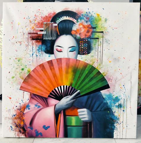 a  woman  seen from the waist up, wearing a kimono, splatter effects on it, on a white background 