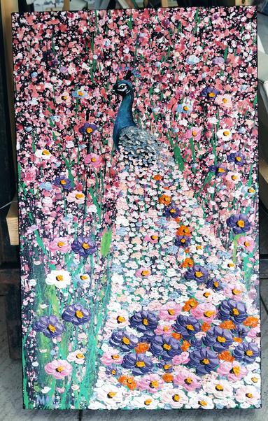 a painting of a peacock, its tail in the foreground, lots of flowers and color on it, the background full of flowers too
