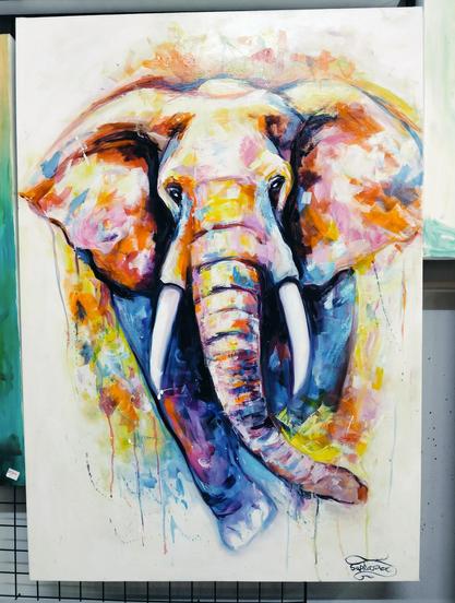 a elephant charging a the viewer, done in pastel tones 