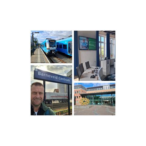 Vier foto's: RREIS trein, Raadzaal gemeente Barneveld, stationsbord Barneveld Centrum en voorkant van het gemeentehuis gemeente Barneveld.