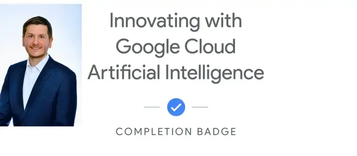 Composite image: Left side features a professional headshot of Michael Lorenz smiling. Right side displays the text 'Innovating with Google Cloud Artificial Intelligence' in a large, dark grey font. Below this, a small blue circular icon with a white checkmark is centered above the capitalized text 'COMPLETION BADGE'.