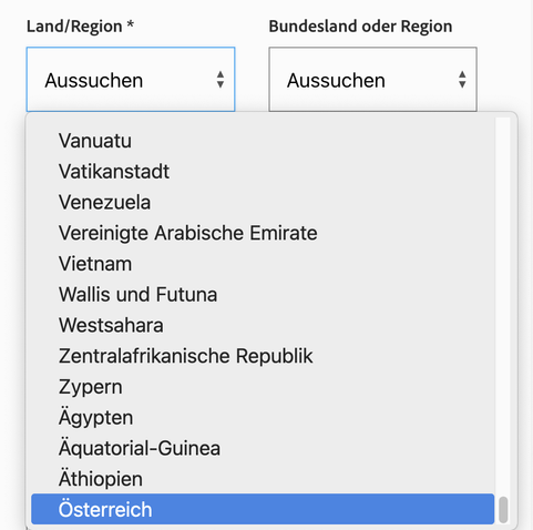 Screenshot mit zwei Auswahlfeldern: Land/Region und Bundesland oder Region. Das Dropdown-Menü Land/Region ist geöffnet. Enthalten sind eine Liste mit alphabetisch sortierten Ländernamen. Nach Zentralafrikanische Republik kommt in der Liste Ägypten, Äquatorial-Guinea, Äthiopien und als letzter Auswahlpunkt Österreich.