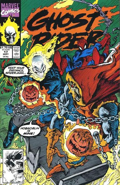 at the top i large flaming letters it reads 'ghost rider', the marvel comics logo is in the upper left corner, ghost rider and hobgoblin are engaged in an intense battle, hobgoblin throwing pumpkin bombs, ghost rider trying to wrangle him with his chain, ghost rider is yelling at spider-man, swinging behind them 'keep your distance , spider-man...hobgoblin is mine!' 