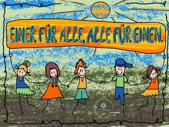 Eine Sketchnotes-Zeichnung. 3 Mädchen und 2 Jungen in bunter Kleidung halten sich an den Händen und stehen auf grünem Gras. Über ihnen ist der Himmel blau und es scheint die Sonne. Die Mädchen halten zusammen ein Banner in die Höhe. Auf diesem steht: Einer für alle, alle für Einen.
