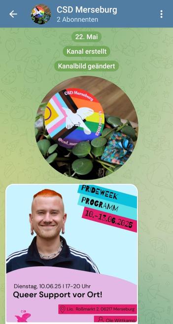 Ein Bildschirmfoto einer Telegram-Kanalansicht für "CSD Merseburg". Oben links befindet sich ein Zurück-Pfeil, in der Mitte der Kanalname und darunter "2 Abonnenten", rechts drei vertikale Punkte. Darunter sind zwei Benachrichtigungen: "22. Mai Kanal erstellt" und "Kanalbild geändert".

Das aktuelle Kanalbild ist rund und zeigt eine Hand, die eine Pride-Flagge mit einer Friedenstaube darauf hält, umgeben von Pflanzen und kleinen, glitzernden Steinen. Der Name "CSD Merseburg" und das Datum "10. Juni 2025" sind auf der Flagge zu lesen.

Darunter ist eine Ankündigung für das "PRIDEWEEK PROGRAMM 10.-15.06.2025" zu sehen. Ein Foto zeigt eine lächelnde Person mit kurzen, orangefarbenen Haaren, Piercings im Gesicht und Ohrringen. Darunter steht in einem violetten Feld "Dienstag, 10.06.25 | 17-20 Uhr Queer Support vor Ort!". Darunter sind das CSD-Logo, der Ort "Lio, Roßmarkt 2, 06217 Merseburg" mit einem Standort-Symbol und der Name "Ole Wittkamp" mit einem Personen-Symbol abgebildet. Der Hintergrund der Ankündigung ist hellblau. Der Hintergrund der gesamten Kanalansicht ist mit hellgrünen und weißen Doodle-artigen Zeichnungen gefüllt.