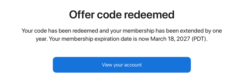 The screen after redeeming the code.