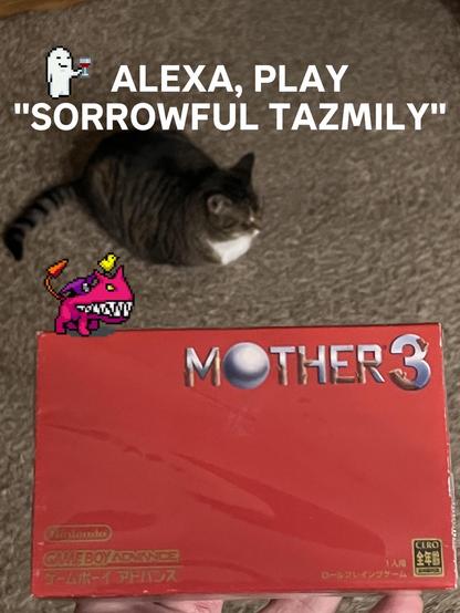 An image of an in-box (opened) copy of Mother 3 for Game Boy Advance being held up in front of a cat who is sitting on the floor. Above the cat there is white text that reads “ALEXA, PLAY SORROWFUL TAZMILY”, a song from the game. On the box there is a sprite of the Ultimate Chimera and on the O in “sorrowful” there is a ghost holding a wine glass.