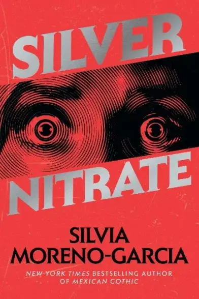 This bookcover is in red, silver, black and white. There is an image like from an old movie: a woman with wide, anxious eyes