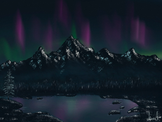 Digital paintwork showing night scene with distant mountains and norther lights in the sky