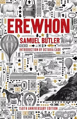 Portada del libro Erewhon de Samuel Butler. Es un tapiz de ilustraciones en blanco y negro de estilo grabado sobre elementos enciclopédicos de todo tipo: caballos, balanzas, llaves, muebles, casas, etcétera 