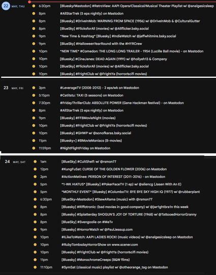 Screencap of watch party event listings for THU-SAT, May 22-24, 2025
