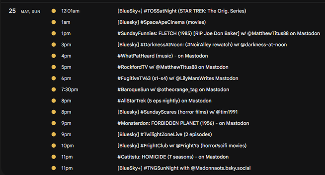 Screencap of watch party event listings for SUN, 5/25/25