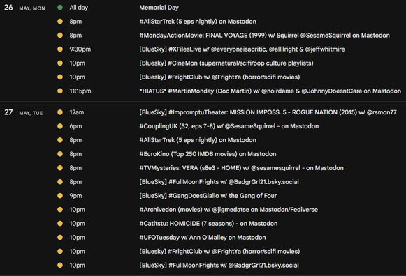 Screencap of watch party event listings for MON-TUE, May 26-27, 2025
