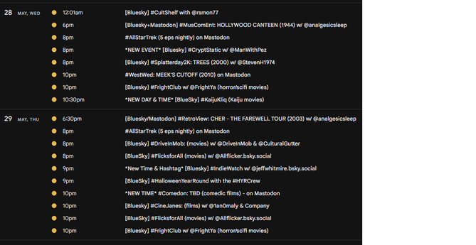 Screencap of watch party event listings for WED-THU, May 29-30, 2025

