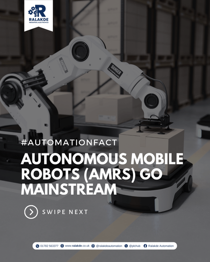 n Autonomous Mobile Robot (AMR) navigating a warehouse floor with shelves and packages in the background.