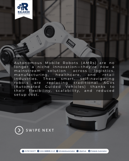 n Autonomous Mobile Robot (AMR) navigating a warehouse floor with shelves and packages in the background.