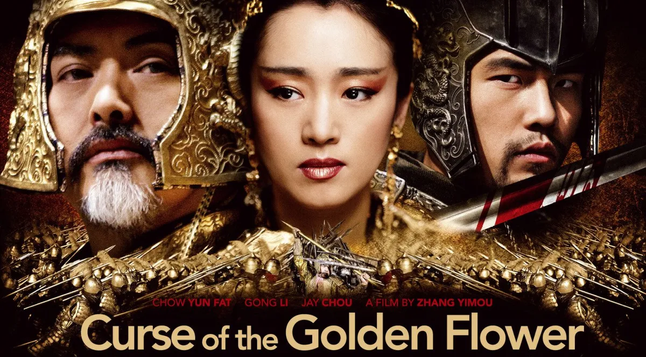 Poster for CURSE OF THE GOLDEN FLOWER (2006) featuring closeup portraits of the three leads (CHOW Yun Fat, Gong Li, and Jay CHOU) set against a backdrop of a massive swarm of soldiers in ancient Chinese battle armor. 

Directed by ZHANG Yimou, it is set during the Tang Dynasty in the 10th century CE.
