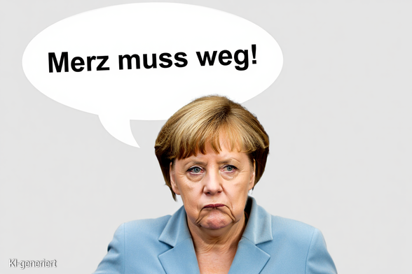 !B Merkel mit Sprechblase "Merz muss weg!"