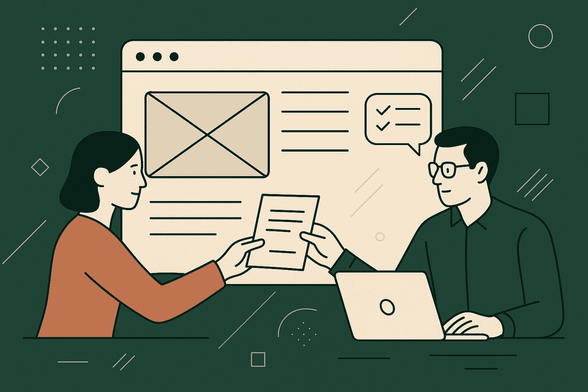 Illustration of two people exchanging a document across a table. The woman on the left is handing a sheet of paper to the man on the right, who is sitting with a laptop. Behind them is a large stylized web browser window displaying a layout with an image placeholder, text lines, and a speech bubble containing checkmarks. The background features abstract geometric shapes and patterns.